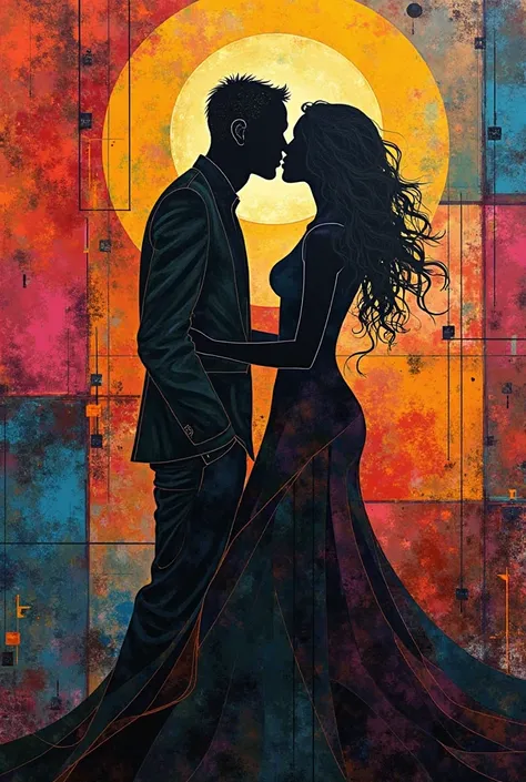 abstract painting of a man and women lips kissing. Different colors and shapes should be used. using sillhouettes. use shapes to...