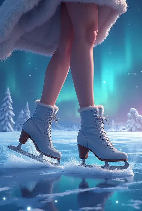  Woman's feet in grey high heel ice skates, gliding on frosty ice, surrounded by shimmering aurora lights, in a whimsical, dream...
