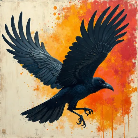 a crow in flight, gouache splatter technique, bold colors on textured surface, energetic composition, artbook illustration