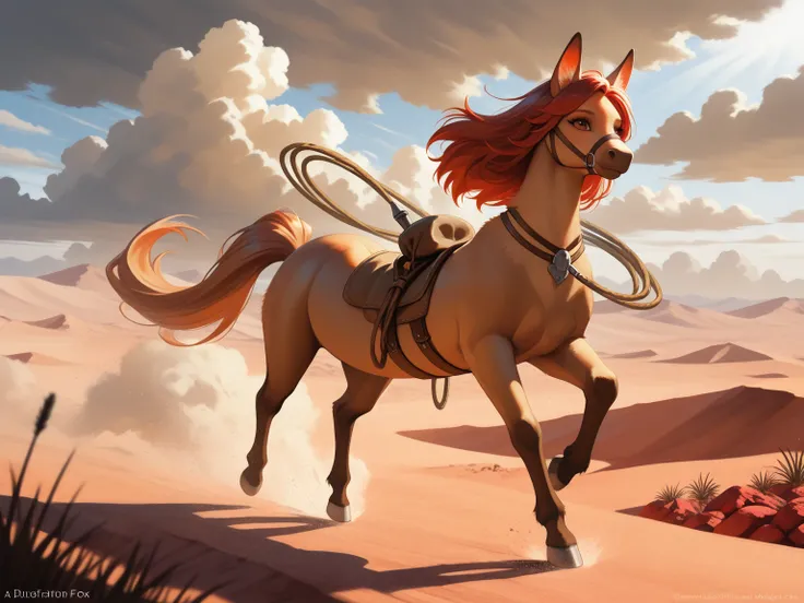 
highest quality, superdetail of a hybrid creature — a centaur-fox, traditional cowboy gear, clever lasso rotation, fast running...