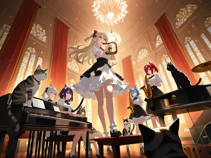 masterpiece, best quality, super-fine illustration, official art, 8k, 4cats, jazzバー、Stage、jazz、sessions、cats playing、Cats playin...