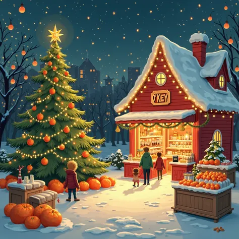 background: Night city in lights, O'KEY store in the form of a fairytale house with garlands.

foreground: A fair with, where ta...