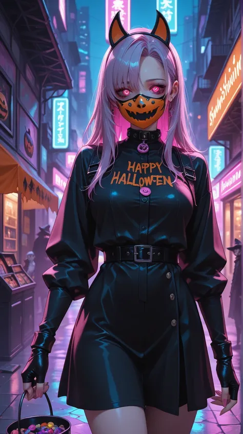 charming cyberpunk girl selling halloween masks in scary things shop