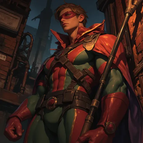 Realistic shading. An attractive man in his mid-20s. He has a small waist with thick thighs. He's wearing a tight-fitting hero c...