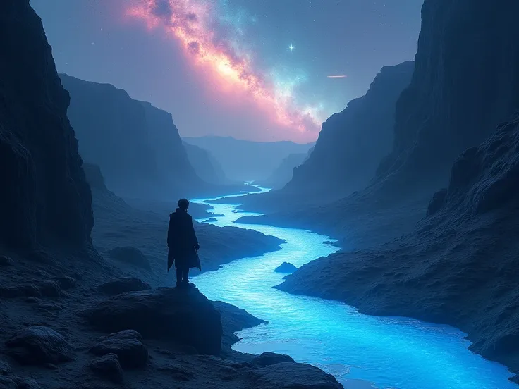 Cosmic-style desert landscape.  A river of bright blue water flows between dark rock formations.  A silhouette of a human figure...