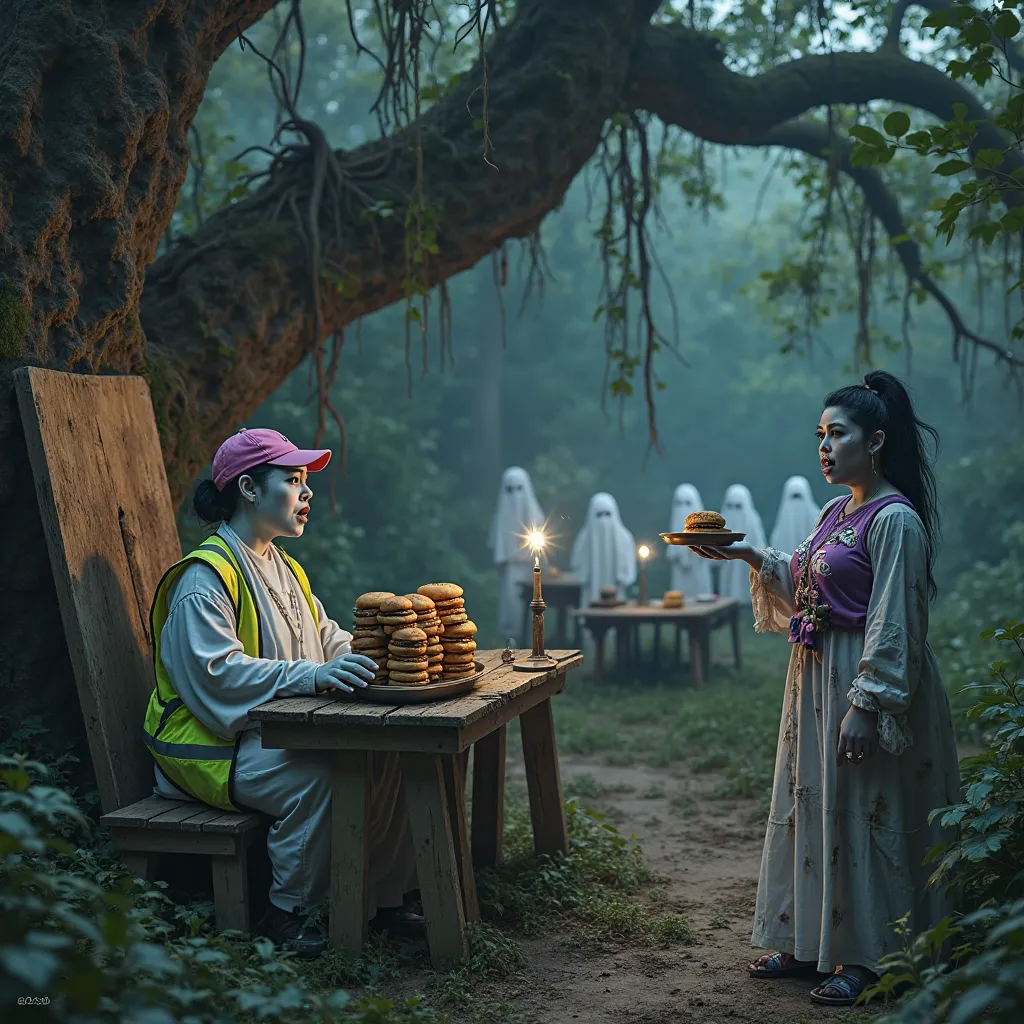 A hyper-realistic horror-comedy scene set deep in a misty tropical forest at dusk, where a large banyan tree serves as the backd...