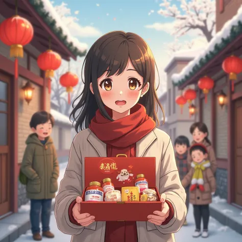 IN ANIME STYLE A heartwarming winter daytime scene in a small hometown courtyard, animated in polished slice-of-life anime style...