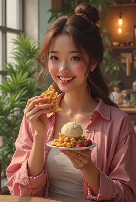A woman with a little Cronch in her hand and ice cream