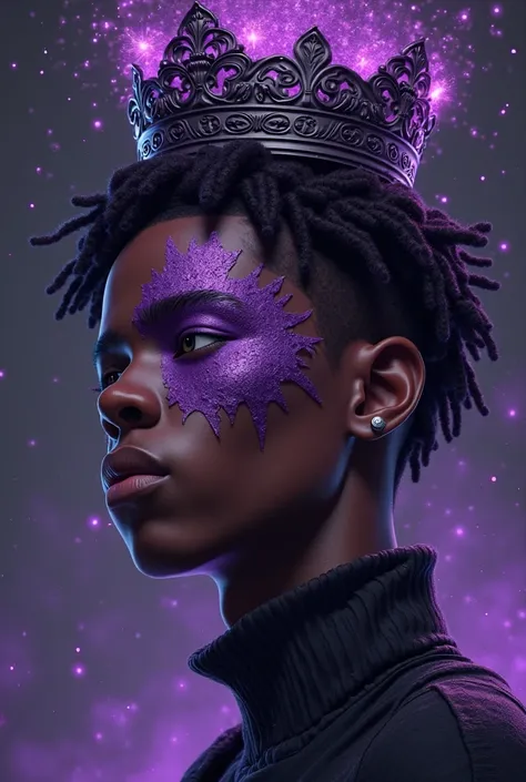 in 3D anime style a black boy with braids from 15 to 17 years old with a purple skull on one side of his face and a floating bla...