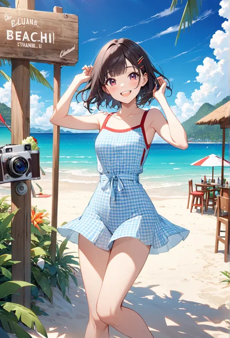 A bright, full-body photograph taken outdoors on a sunny beach in Koh Samui, Thailand. A smiling young korea woman with long, da...