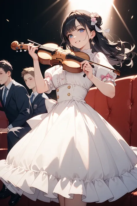 · 1 woman with long black hair。the woman is wearing a long white dress。the woman is playing the violin。The location is on the th...