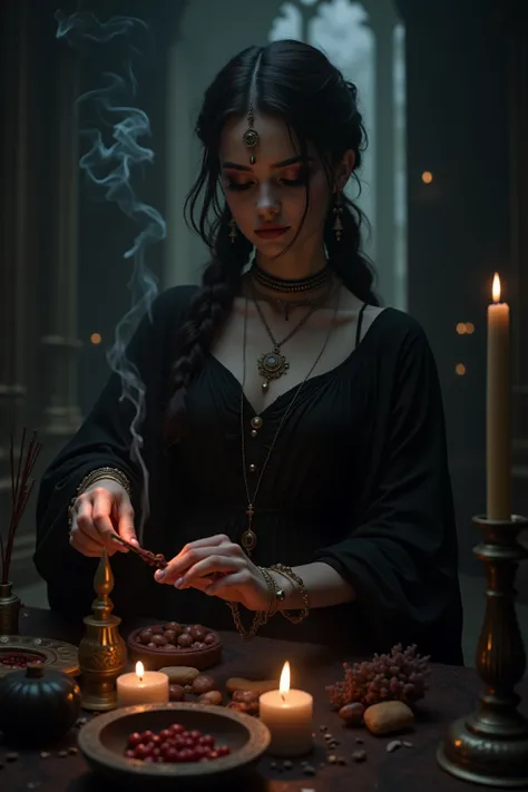 Gothic girl lighting an incense in a burning candle on her altar