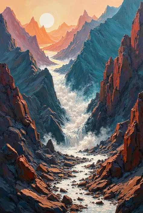 Landslide in a mountain drawing using the art style cubism or abstractionsism