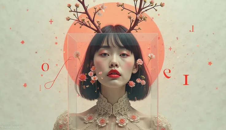 A surreal editorial portrait in ultra-wide 19:6 cinematic landscape format. A central female figure with porcelain skin and glos...