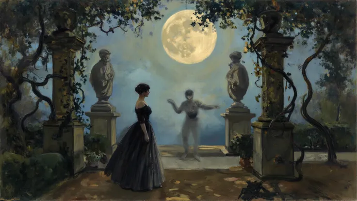 dramatic chiaroscuro oil painting, a moonlit garden where a lady watches a masked dancer slip away into mist, statues lining the...