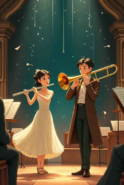 Image of a woman with a transverse flute next to a man with a trombone in an orchestra environment with the Ghibli studio image ...