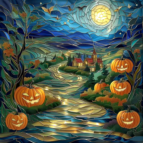 Glow in the Halloween colors blue purple and orange、Semi-transparent glass pumpkin flowers, Fly through the starry night sky wit...