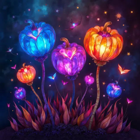 Glow in the Halloween colors blue purple and orange、Semi-transparent glass pumpkin flowers, Fly through the starry night sky wit...