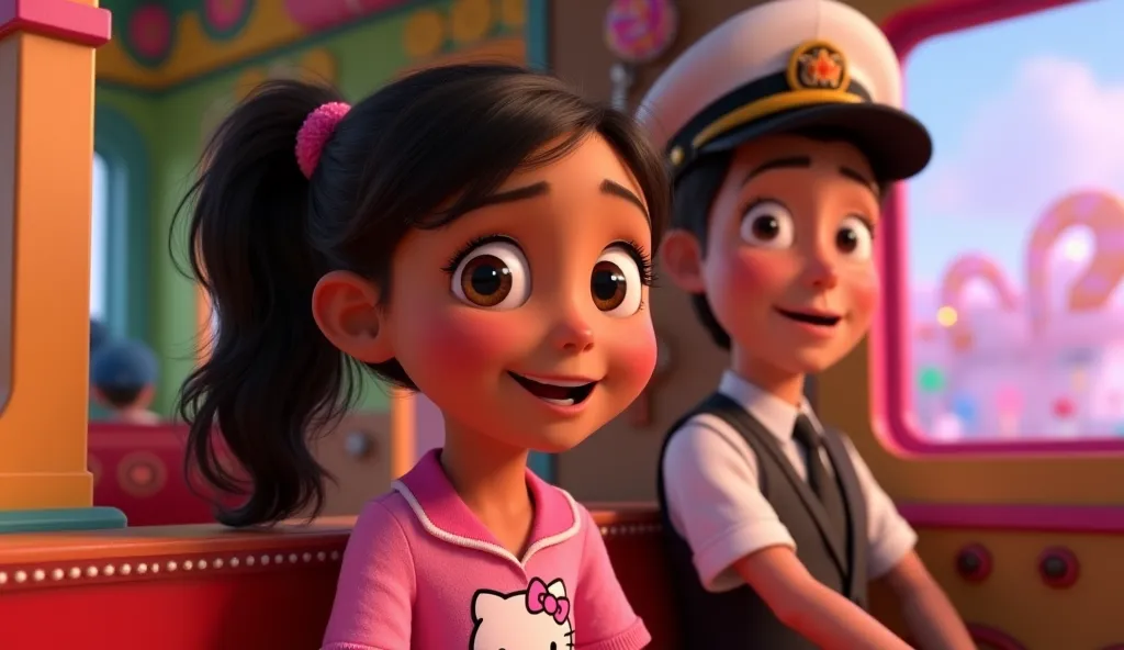 Coco, 10-year-old curious girl, wavy shoulder-length hair with pony tail, golden brown, joyful face, pink pajama suit with hello...