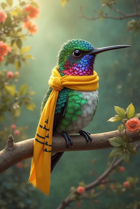 I need an image of a hummingbird wearing a yellow scout scarf around its neck that has thin black lines on the sides