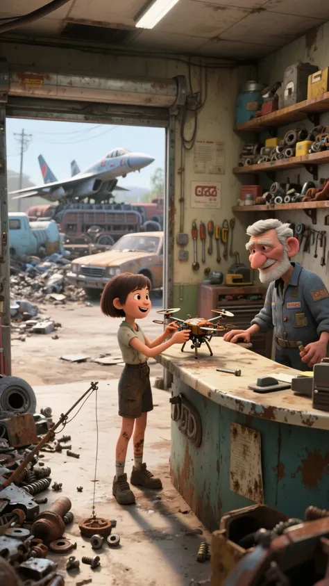 a room in a small garage in a scrap yard for fighter jets, cars, and trains、A large amount of junk can be seen outside the door、...
