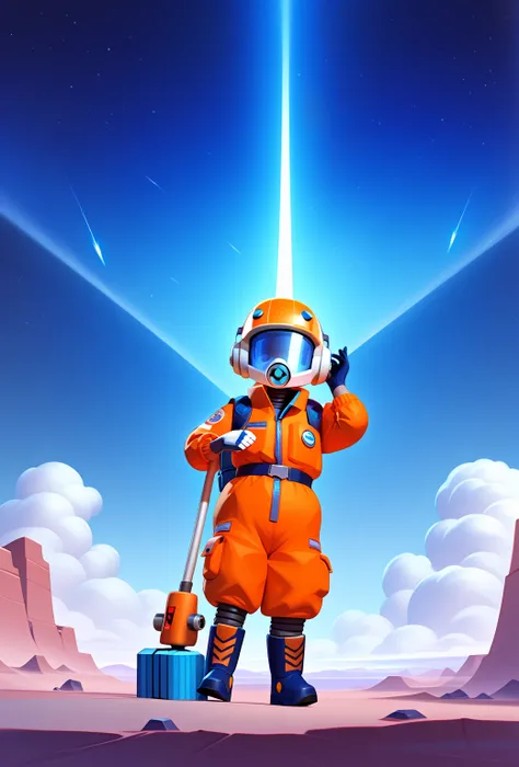 "A futuristic interstellar sanitation worker in a thick, inflated protective jumpsuit with heavy gloves and boots. He wears a hi...