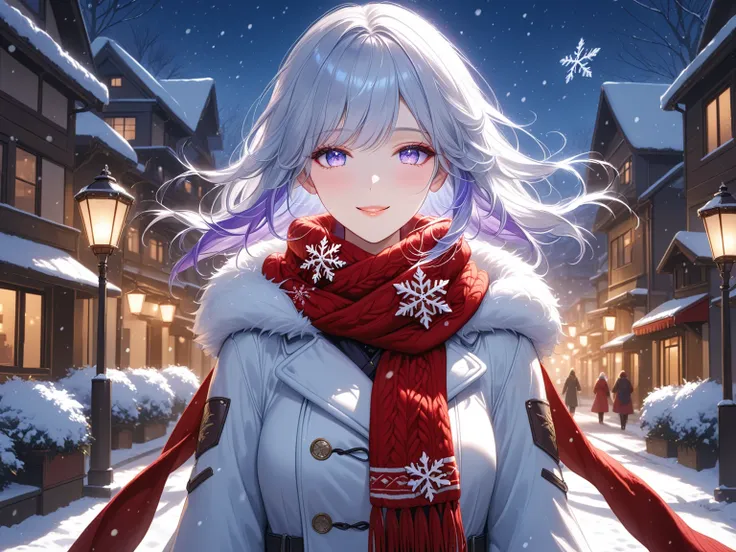 A cozy original character standing in falling snow, smooth silver hair with icy blue and purple highlights, fluffy white winter ...