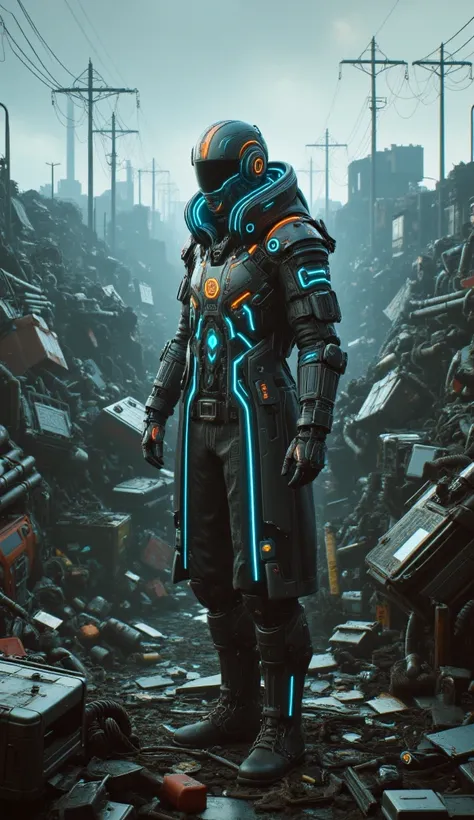 Futuristic e-waste manager in a vast junkyard on the outskirts of Night City, surrounded by endless piles of broken electronics,...