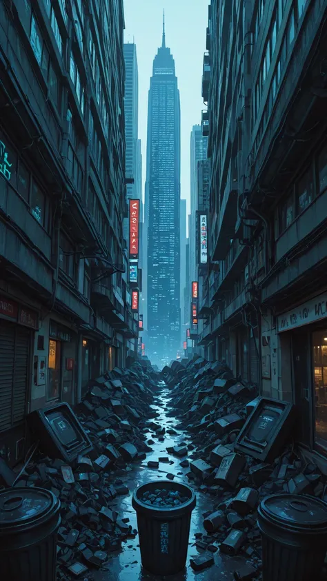 masterpiece, top quality, amazing quality, very detailed, a giant trash can that exceeds a skyscraper, lying and its contents sc...