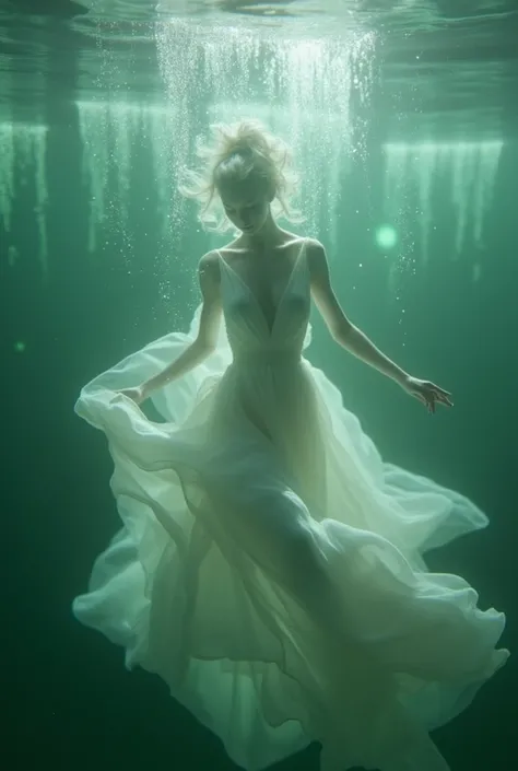 a serene underwater scene with a woman dressed in a flowing, ethereal gown. She appears to be floating gracefully, surrounded by...