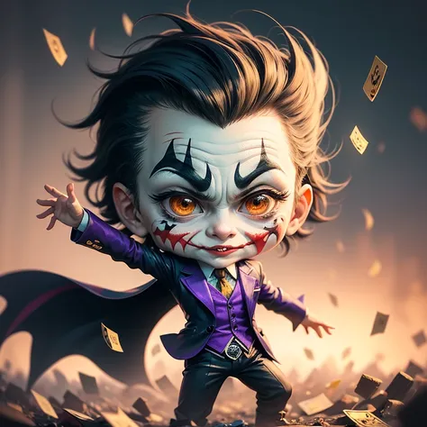 (Chibi cute joker:1.2), Surrounded by trump cards, Trump cards are floating in the air, Trump Card Tornado, Doya face, (Masterpi...