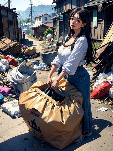 Beautiful woman throwing away big trash at the garbage dump、Wearing beautiful clothes、slum garbage dump、The head of a monster hi...