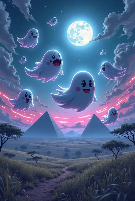 Smiling anime-like flying ghosts of white savannas, Background with pyramids on a night with a full moon, the environment with n...