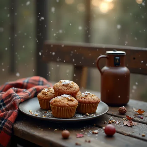 Photorealistic scene of a rustic bench setup with pumpkin-walnut muffins on a matte plate, a vintage enamel thermos, plaid blank...
