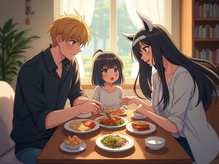 
Family of three with elemental powers, a 27 year old blond man, blue eyes, 1.80 meters tall, slim, with powers next to a 27 yea...