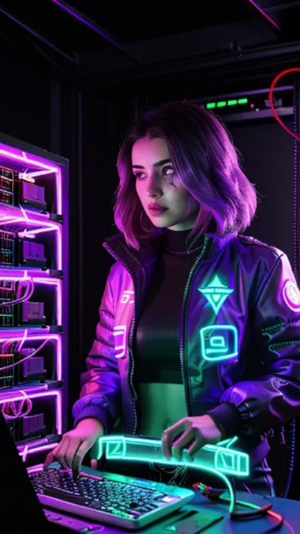 Ana de Armas as a netrunner, (neural interface cables glowing purple:1.4), translucent tech visor displaying code streams, cropp...