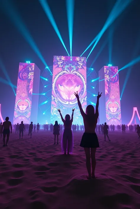 Electronic music festival in the desert at night with laser and neon projection screens, floating stages and female DJs with the...