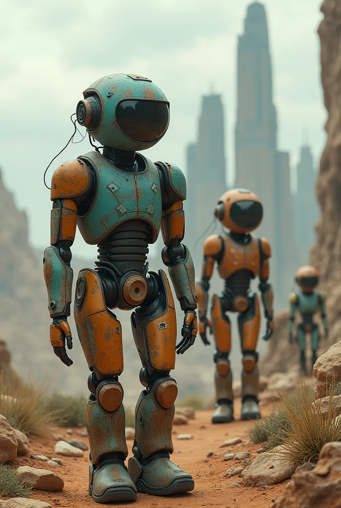 Monde  futuriste avec des androïdes poussiéreux usés  de couleurs différentes vu de loin 