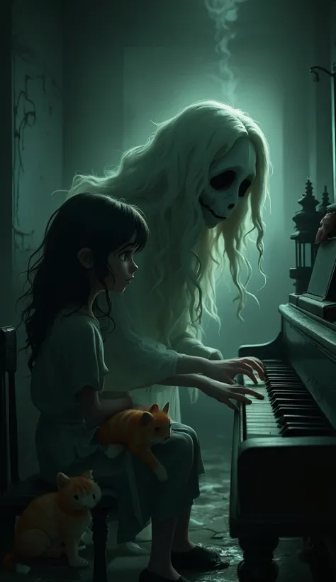 A pale girl tubs a long black haired and empty-eyed ghost slowly takes her gaze away from the piano to stare at the orange kitte...