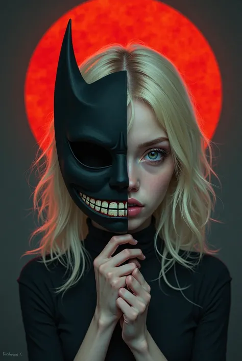 A person with light skin color, with blond hair and dark blue eyes holds a mask over half of his face, that smiles and the perso...