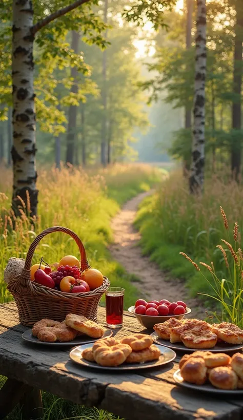 A photograph captures a serene forest setting where a rustic wooden table is laden with an inviting array of food. On the table,...