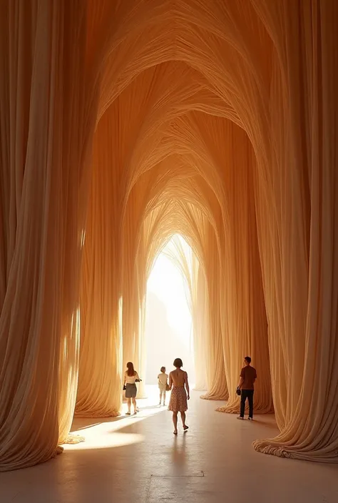 an art exhibition room with earthy colored fabrics, will be used hanging along the ceiling and falling to the walls forming curv...