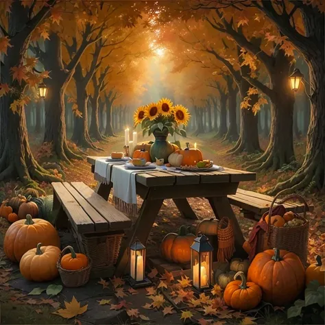There is a picture of a picnic table，with sunflowers and pumpkins,  Glowing pumpkins under the tree , in an autumn forest in the...