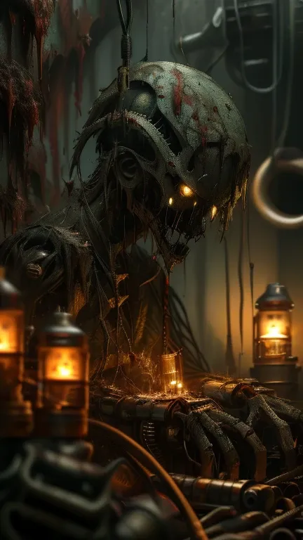 GREMLIN MECHANICAL:
(biomechanical, Horror corporal),
(half machine, half demon),
(gears and pistons exposed as organs),
(black ...