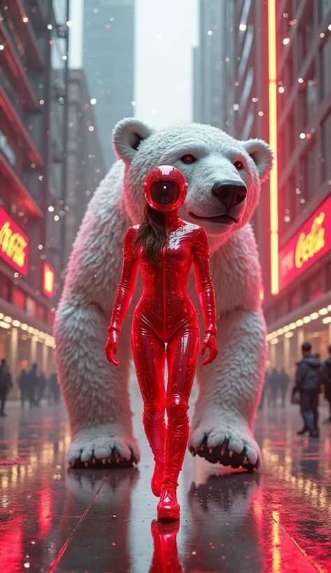 A sleek, soda-powered futuristic city with flowing red-lit tubes of cola energy around the buildings. The Coca-Cola AI Ambassado...