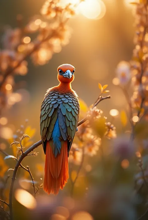 A mesmerizing close-up portrait of a gorgeous little bird illuminated by the soft, golden light of a tranquil morning, with vibr...