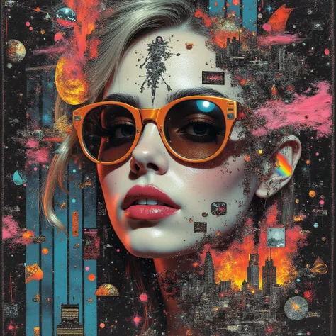 A surreal, chaotic collage-style album cover. Blend futuristic cyberpunk cityscapes, blondie woman portrait, neon cyber analog t...
