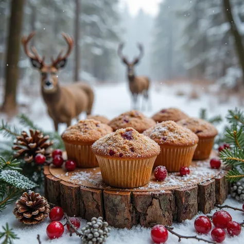 cinnamon sugar-coated muffins with cranberries, placed on a tree stump, surrounded by pine cones, holly berries, and evergreen b...