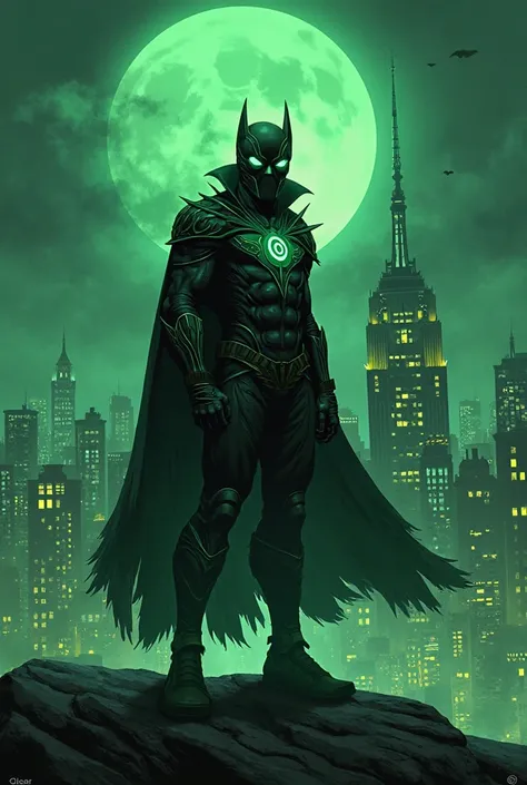 COVER OF A COMIC BOOK WRITTEN BY ARKHINIGT THE SUPERHERO OF THE NIGHT CITY!. WITH A DARK GREEN AND LIGHT GREEN COLOR 