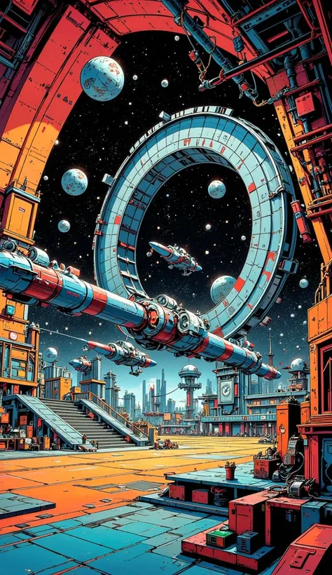 (French retro,  colorful sketch , illustration), (wide angle,  Linear art painting ), Oil Painting of a Space Station (Similar t...